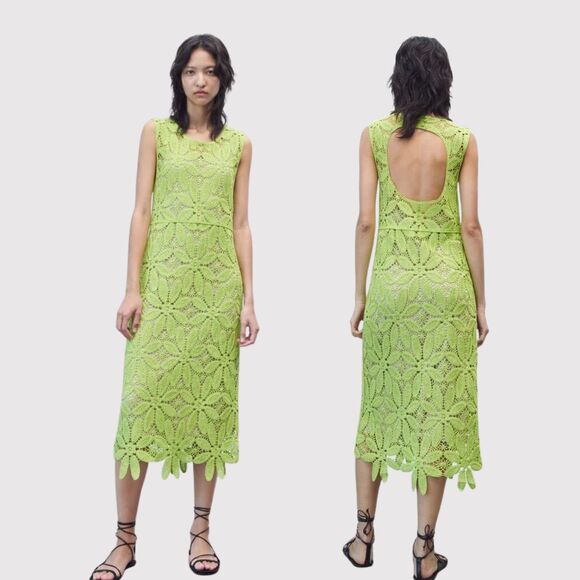ZARA Womens Dress Green Macrame Midi Floral Crochet Lace Tank Cutout Back Large - Picture 1 of 12